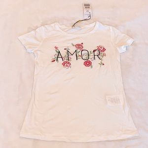 White T-shirt With Flowers Embroidery Logo “AMOR”